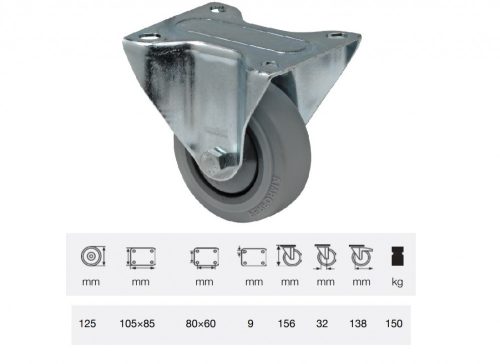 Colson - FPPF 1251 5000, Fix kerék, horganyzott villába szerelve, prémium PERFORMA tömörgumi futófelület, 125 mm, 150 kg teherbírás, talpas felfogatás