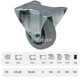   FPPF 1251 5000, Fix kerék, horganyzott villába szerelve, prémium PERFORMA tömörgumi futófelület, 125 mm, 150 kg teherbírás, talpas felfogatás