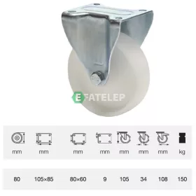   FPPN 0801 1000, Fix kerék, (poliamid) műanyag futófelület, horganyzott villába szerelve, 80 mm, 150 kg teherbírás, talpas felfogatás