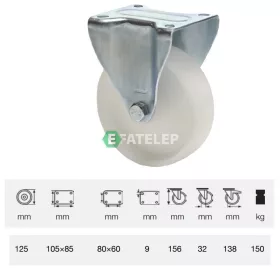   FPPN 1251 1000, Fix kerék, (poliamid) műanyag futófelület, horganyzott villába szerelve, 125 mm, 150 kg teherbírás, talpas felfogatás
