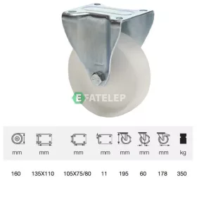   FPPN 1603 1000, Fix kerék, (poliamid) műanyag futófelület, horganyzott villába szerelve, 160 mm, 350 kg teherbírás, talpas felfogatás