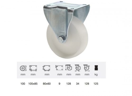 Colson - FPPP 1001 1000, Fix kerék, (polipropilén) műanyag futófelület, horganyzott villába szerelve, 100 mm, 150 kg teherbírás, talpas felfogatás
