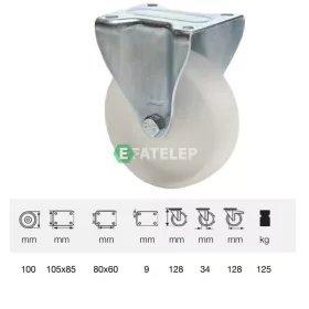   FPPP 1001 1000, Fix kerék, (polipropilén) műanyag futófelület, horganyzott villába szerelve, 100 mm, 150 kg teherbírás, talpas felfogatás