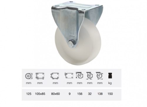Colson - FPPP 1251 1000, Fix kerék, (polipropilén) műanyag futófelület, horganyzott villába szerelve, 125 mm, 150 kg teherbírás, talpas felfogatás