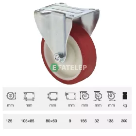   FPPU 1251 5100, Fix kerék, Poluretán futófelülettel, horganyzott villába szerelve, 125 mm, 150 kg teherbírás, talpas felfogatás
