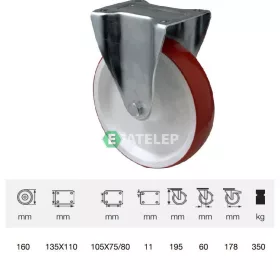   FPPU 1603 2100, Fix kerék, Poluretán futófelülettel, horganyzott villába szerelve, 160 mm, 300 kg teherbírás, talpas felfogatás