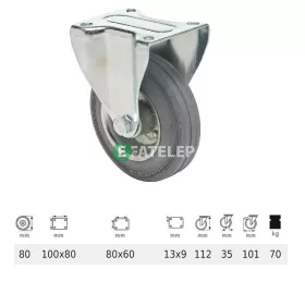   FPSG 0801 2000 L, Fix kerék, szürke (nyommentes) gumi futófelület, 80 mm, 70 kg teherbírás, talpas felfogatás