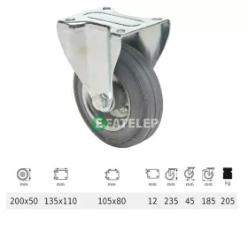   FPSG 2003 2000 W, Fix kerék, szürke (nyommentes) gumi futófelület, 200 mm, 205 kg teherbírás, talpas felfogatás