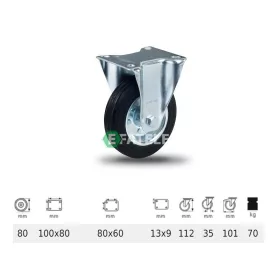   FPSM 0801 2000 L, Fix kerék, fekete gumi futófelület, 80 mm, 70 kg teherbírás, talpas felfogatás
