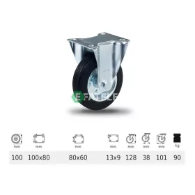   FPSM 1001 2000 L, Fix kerék, fekete gumi futófelület, 100 mm, 90 kg teherbírás, talpas felfogatás