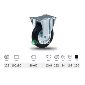   FPSM 1251 2000 L, Fix kerék, fekete gumi futófelület, 125 mm, 120 kg teherbírás, talpas felfogatás