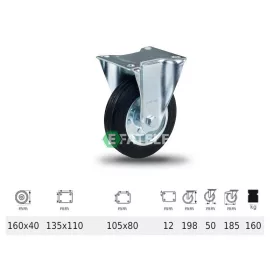   FPSM 1603 2000 W, Fix kerék, fekete gumi futófelület, 160 mm, 160 kg teherbírás, talpas felfogatás