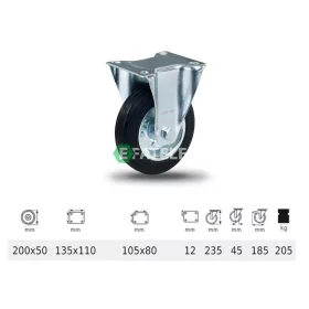   FPSM 2003 2000 W, Fix kerék, fekete gumi futófelület, 200 mm, 205 kg teherbírás, talpas felfogatás