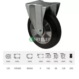   FTAB 1252 6150, FIx kerék, horganyzott villába szerelve, fekete tömörgumi futófelülettel, 125 mm, 200 kg, talpas felfogatás