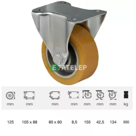   FTAU 1252 6150, Fix kerék, Poluretán futófelülettel, horganyzott villába szerelve, 125 mm, 300 kg teherbírás, talpas felfogatás
