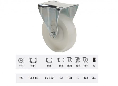 Colson - FTPN 1002 5100, Fix kerék, (poliamid) műanyag futófelület, horganyzott villába szerelve, 100 mm, 250 kg teherbírás, talpas felfogatás