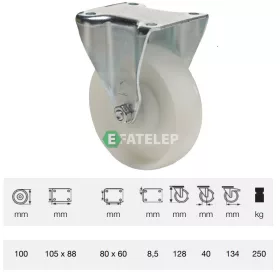   FTPN 1002 5100, Fix kerék, (poliamid) műanyag futófelület, horganyzott villába szerelve, 100 mm, 250 kg teherbírás, talpas felfogatás