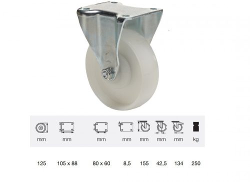 Colson - FTPN 1252 5100, Fix kerék, (poliamid) műanyag futófelület, horganyzott villába szerelve, 125 mm, 250 kg teherbírás, talpas felfogatás