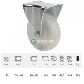   FTPN 1252 5100, Fix kerék, (poliamid) műanyag futófelület, horganyzott villába szerelve, 125 mm, 250 kg teherbírás, talpas felfogatás