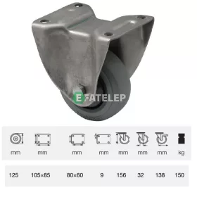   FXPF 1251 7100, Fix kerék, rozsdamentes villába szerelve, prémium PERFORMA tömörgumi futófelület, 125 mm, 150 kg teherbírás, talpas felfogatás