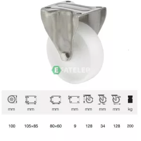   FXPN 1001 1100, Fix kerék, (poliamid) műanyag futófelület, rozsdamentes villába szerelve, 100 mm, 200 kg teherbírás, talpas felfogatás