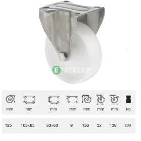   FXPN 1251 1100, Fix kerék, (poliamid) műanyag futófelület, rozsdamentes villába szerelve, 125 mm, 200 kg teherbírás, talpas felfogatás
