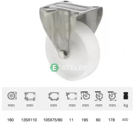   FXPN 1603 1100, Fix kerék, (poliamid) műanyag futófelület, rozsdamentes villába szerelve, 160 mm, 400 kg teherbírás, talpas felfogatás