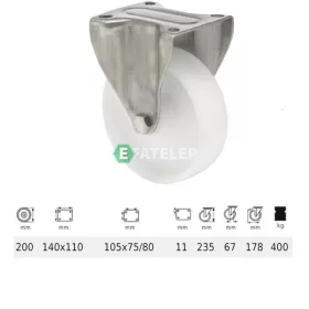   FXPN 2003 1100, Fix kerék, (poliamid) műanyag futófelület, rozsdamentes villába szerelve, 200 mm, 400 kg teherbírás, talpas felfogatás