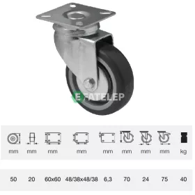   JDPE 0501 1001, Forgó kerék, 50 mm, 40 kg teherbírás, talpas felfogatás