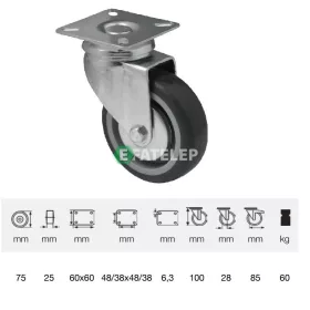  JDPE 0751 1001, Forgó kerék, 75 mm, 60 kg teherbírás, talpas felfogatás