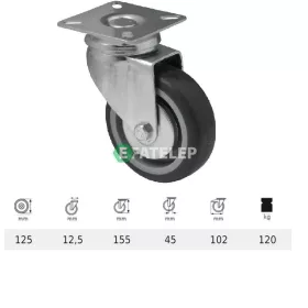   JDPE 1251 1001, Forgó kerék, 125 mm, 120 kg teherbírás, talpas felfogatás