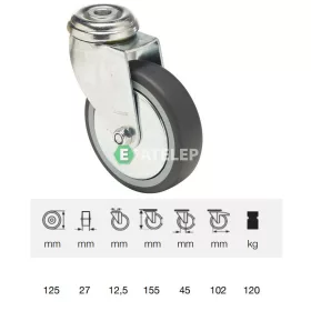   JDPE 1255 1001, Forgó kerék, 125 mm, 120 kg teherbírás, furatos felfogatás