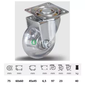   JDPI 0751 5000 Forgó-fékes kerék, 75 mm, 40 kg teherbírás, talpas felfogatás