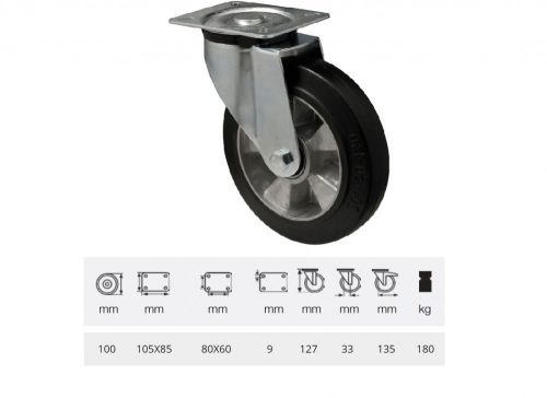 Colson - JPAB 1001 6150, Forgó kerék, horganyzott villába szerelve, fekete tömörgumi futófelülettel, 100 mm, 180 kg, talpas felfogatás