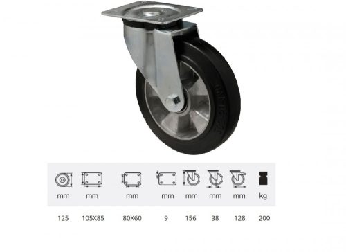 Colson - JPAB 1251 6150, Forgó kerék, horganyzott villába szerelve, fekete tömörgumi futófelülettel, 125 mm, 200 kg, talpas felfogatás