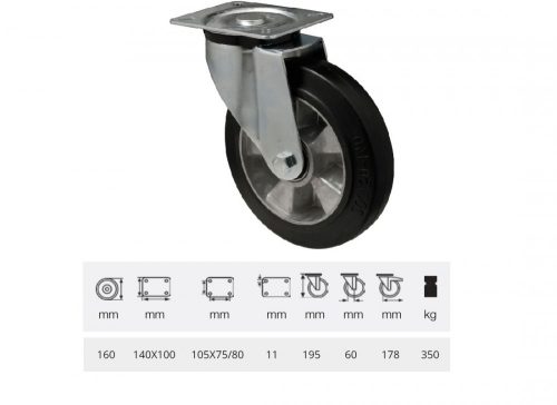 Colson - JPAB 1603 6150, Forgó kerék, horganyzott villába szerelve, fekete tömörgumi futófelülettel, 160 mm, 350 kg, talpas felfogatás