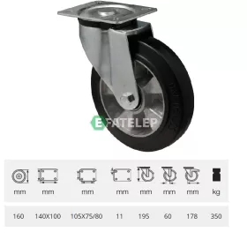   JPAB 1603 6150, Forgó kerék, horganyzott villába szerelve, fekete tömörgumi futófelülettel, 160 mm, 350 kg, talpas felfogatás