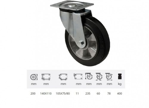 Colson - JPAB 2003 6150, Forgó kerék, horganyzott villába szerelve, fekete tömörgumi futófelülettel, 200 mm, 400 kg, talpas felfogatás