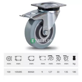   JPAG 1001 6150, Forgó kerék, horganyzott villába szerelve, szürke nyommentes tömörgumi futófelülettel, 100 mm, 180 kg, talpas felfogatás