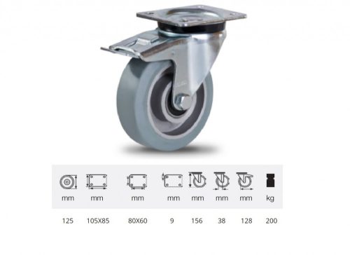 Colson - JPAG 1251 6150, Forgó kerék, horganyzott villába szerelve, szürke nyommentes tömörgumi futófelülettel, 125 mm, 200 kg, talpas felfogatás