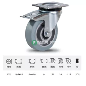   JPAG 1251 6150, Forgó kerék, horganyzott villába szerelve, szürke nyommentes tömörgumi futófelülettel, 125 mm, 200 kg, talpas felfogatás
