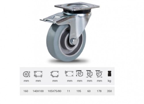 Colson - JPAG 1603 6150, Forgó kerék, horganyzott villába szerelve, szürke nyommentes tömörgumi futófelülettel, 160 mm, 350 kg, talpas felfogatás