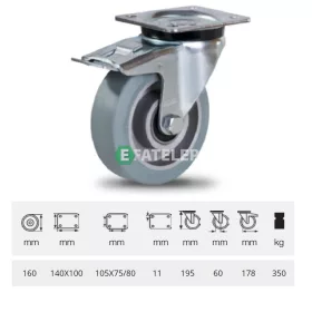   JPAG 1603 6150, Forgó kerék, horganyzott villába szerelve, szürke nyommentes tömörgumi futófelülettel, 160 mm, 350 kg, talpas felfogatás