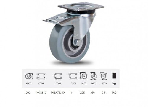 Colson - JPAG 2003 6150, Forgó kerék, horganyzott villába szerelve, szürke nyommentes tömörgumi futófelülettel, 200 mm, 400 kg, talpas felfogatás
