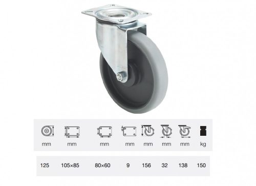 Colson - JPPE 1251 5100, Forgó kerék, horganyzott villába szerelve, prémium ECOFORMA tömörgumi futófelület, 125 mm, 150 kg teherbírás, talpas felfogatás
