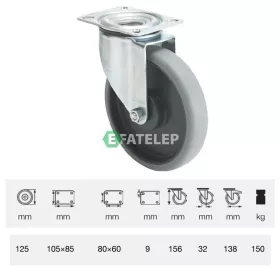   JPPE 1251 5100, Forgó kerék, horganyzott villába szerelve, prémium ECOFORMA tömörgumi futófelület, 125 mm, 150 kg teherbírás, talpas felfogatás