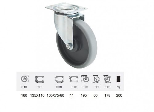 Colson - JPPE 1603 5100, Forgó kerék, horganyzott villába szerelve, prémium ECOFORMA tömörgumi futófelület, 160 mm, 200 kg teherbírás, talpas felfogatás