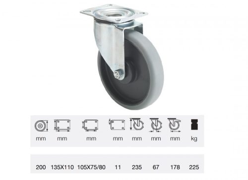 Colson - JPPE 2003 5100, Forgó kerék, horganyzott villába szerelve, prémium ECOFORMA tömörgumi futófelület, 200 mm, 225 kg teherbírás, talpas felfogatás