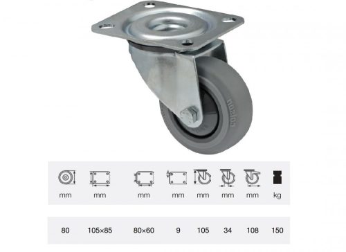 Colson - JPPF 0801 5100, Forgó kerék, horganyzott villába szerelve, prémium PERFORMA tömörgumi futófelület, 80 mm, 150 kg teherbírás, talpas felfogatás