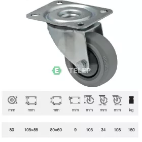   JPPF 0801 5100, Forgó kerék, horganyzott villába szerelve, prémium PERFORMA tömörgumi futófelület, 80 mm, 150 kg teherbírás, talpas felfogatás